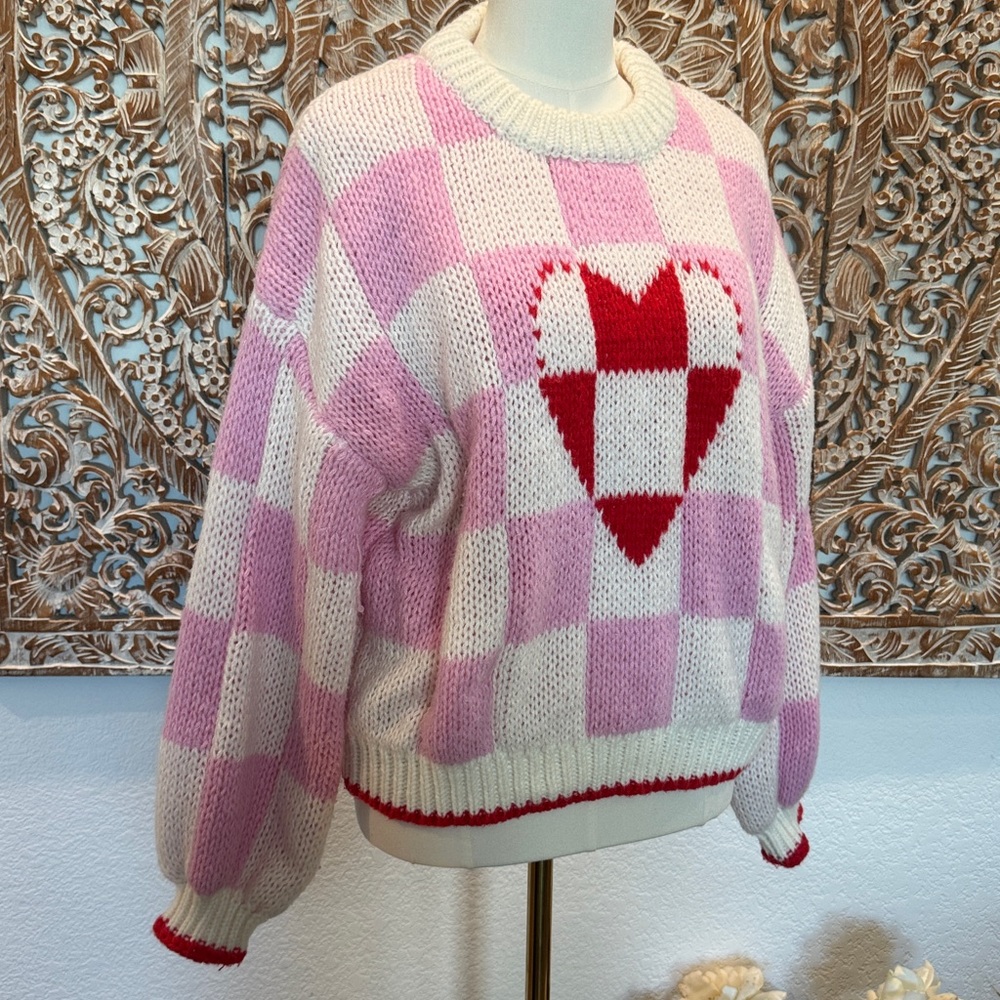 Luna Ivy Pink & White Crochet Checkered & Heart Sweater, Puff Sleeves, Cozy Soft - Picture 5 of 15